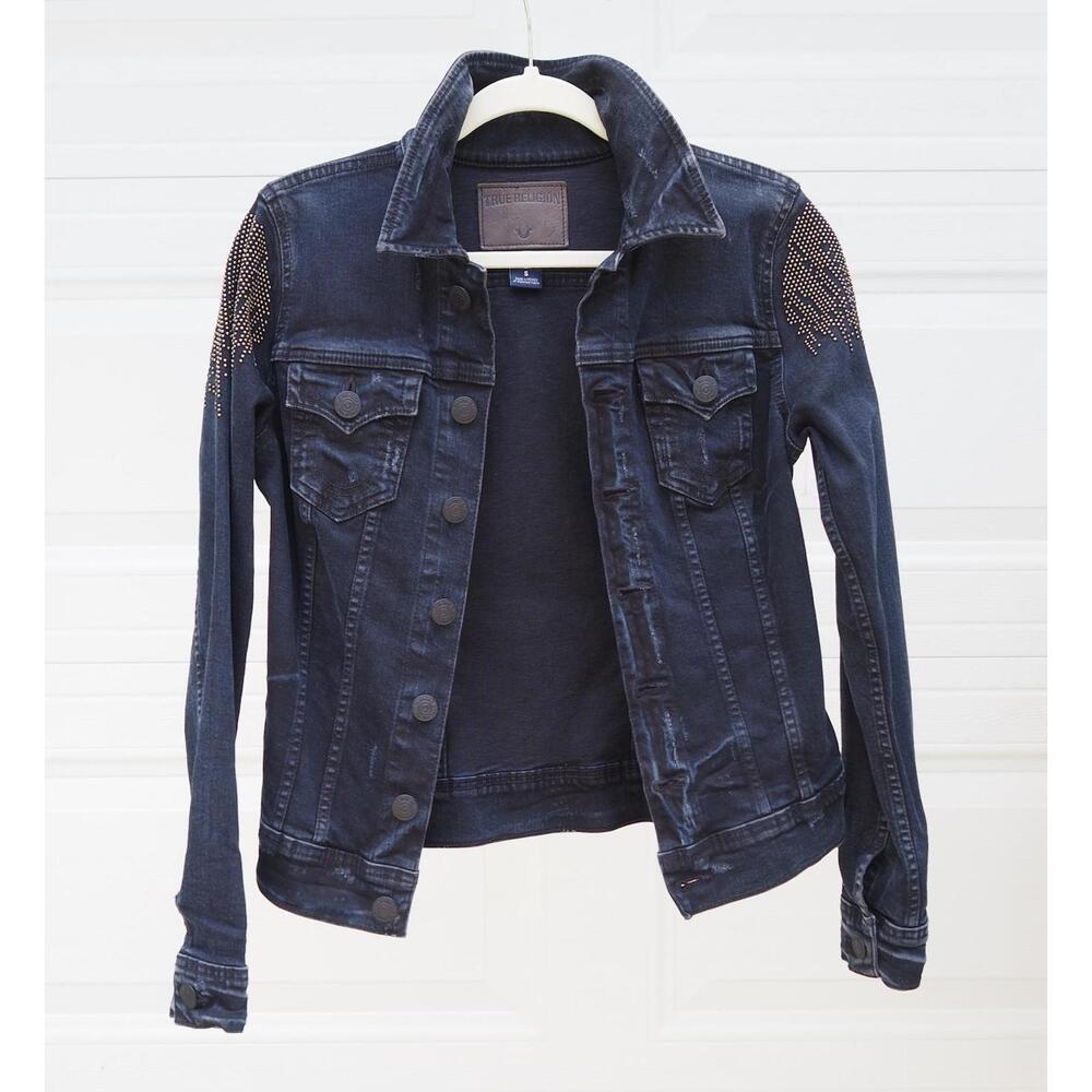 True Religion Black Denim Jacket with Studded Shoulders